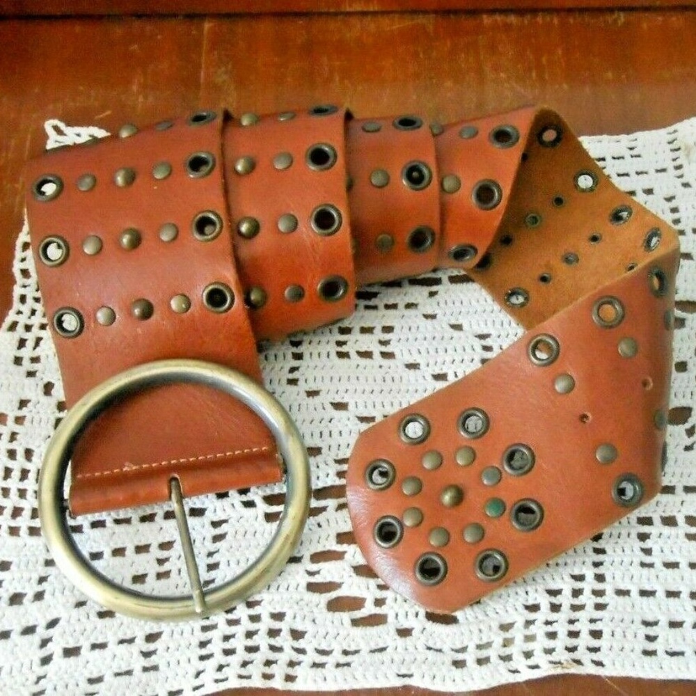 Vintage BOHO Brown Leather Studded Belt L XL